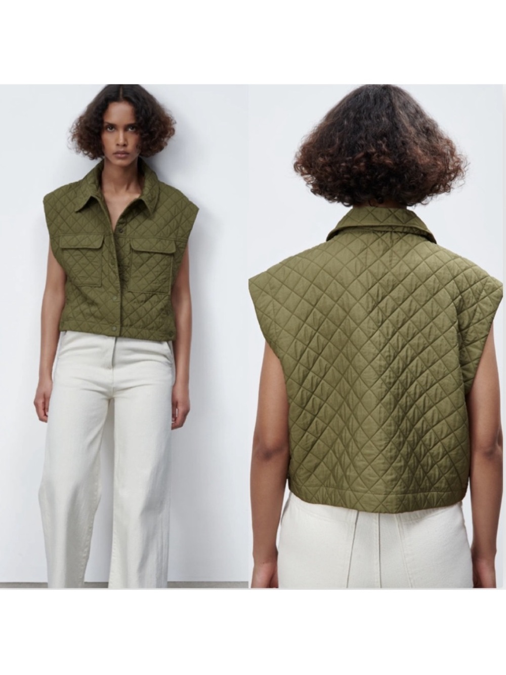 ZARA | Quilted Olive Green Button-Front Sleeveless Jacket